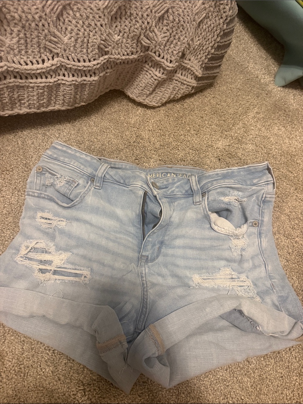 American Eagle Outfitters Light Blue Distressed Rolled-Hem Denim Shorts